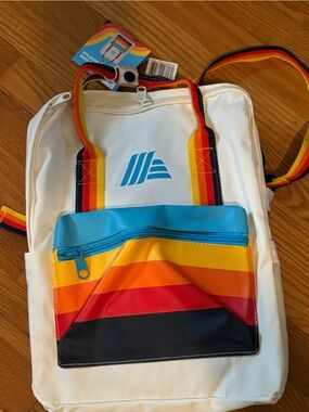 Aldi Retro Stripe Cream Canvas Backpack with Multicolor Front Pocket